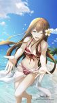  00s 1girl 2009 absurdres alternate_costume beach bikini breasts brown_hair cleavage clouds cloudy_sky copyright_name cowboy_shot cute droplet dutch_angle flower hair_flower hair_ornament highres huke long_hair looking_at_viewer makise_kurisu navel ocean official_art one_eye_closed open_mouth outstretched_hand palm_tree red_bikini sarong see-through sky small_breasts smile solo standing steins;gate straight_hair striped_bikini_top swimsuit tree watermark wink 
