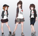  3girls alternate_hairstyle animal_print baseball_cap bear_print black_footwear black_hairband black_hat black_jacket black_skirt brown_eyes brown_hair casual closed_mouth clothes_writing commentary english girls_und_panzer goripan gradient gradient_background grey_background grey_footwear grey_jacket grey_shorts hairband hands_in_pockets hat heart heart_print jacket light_frown miniskirt mother_and_daughter multiple_girls nishizumi_maho nishizumi_miho nishizumi_shiho no_legwear pleated_skirt ponytail print_shirt sandals shirt shoes shorts siblings sisters skirt sneakers white_shirt 