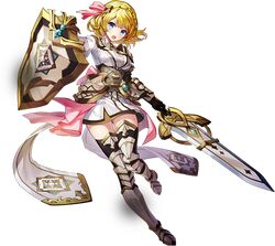  1girl :d armor black_gloves blonde_hair blue_eyes bow braid full_body gem gloves greaves hair_bow jeanne_(teria_saga) looking_at_viewer open_mouth pink_bow shield short_hair skirt smile solo sword teria_saga transparent_background weapon white_skirt 