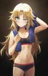  1girl alternate_hairstyle black_bra black_panties blonde_hair blue_towel blush bra breasts collarbone commentary english_commentary eyebrows_visible_through_hair fate/apocrypha fate_(series) green_eyes long_hair mordred_(fate) mordred_(fate)_(all) navel one_eye_closed panties small_breasts solo sports_bra tonee towel underwear 