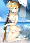  1girl ball barefoot beach beachball bikini blonde_hair blue_eyes blue_hairband blue_sky breasts bunny_hair_ornament cleavage clouds collarbone day frilled_bikini frills full_body girls_frontline groin gun hair_between_eyes hair_bun hair_ornament hairband highres holding holding_gun holding_weapon innertube kneeling looking_at_viewer medium_breasts navel ocean outdoors parasol raidensan rifle short_hair_with_long_locks sidelocks sky smile soles solo suomi_kp31_(girls_frontline) swimsuit transparent umbrella weapon white_bikini 