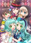 5girls :d ;d aoba_moca aqua_hair argyle argyle_background bang_dream! black_choker black_hair black_jacket blue_eyes blue_flower blue_neckwear blue_rose bow bread choker clothes_writing commentary_request crop_top cropped_jacket cross-laced_clothes double-breasted earrings eyebrows_visible_through_hair flower food frills gloves green_eyes grey_hair hair_bow hair_flower hair_ornament hairband hanazono_tae hand_on_own_arm hat hat_ribbon headwear_writing hikawa_hina hikawa_sayo holding holding_flower holding_food hood hood_up hooded_jacket jacket jewelry long_hair looking_at_viewer multiple_girls neck_ribbon necklace one_eye_closed open_mouth ousawa_kanata pendant pom_pom_(clothes) ponytail purple_hair red_eyes red_ribbon ribbon rose sailor_collar seta_kaoru short_hair short_sleeves shorts side_braids smile sparkle star star_hair_ornament striped_neckwear top_hat upper_teeth white_gloves yellow_bow