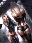  1girl android arm_strap ass asymmetrical_legwear black_gloves black_shorts blue_eyes breasts broken_mirror butt_crack closed_mouth dutch_angle elbow_gloves gloves hair_between_eyes highres large_breasts liang_xing lips long_hair mole mole_under_mouth navel nier_(series) nier_automata patreon_username reflection robot_joints short_shorts shorts silver_hair single_thighhigh solo standing tank_top thigh-highs thigh_gap watermark web_address whale_tail yorha_type_a_no._2 
