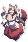 1girl :d animal_ear_fluff animal_ears bare_shoulders breasts brooch brown_hair claw_pose cleavage commentary_request fingernails full_body hair_between_eyes hands_up highres huge_breasts imaizumi_kagerou jewelry long_hair long_skirt long_sleeves looking_at_viewer off-shoulder_shirt open_mouth otoufu_(wddkq314band) red_eyes seiza shirt sitting skirt smile solo tail touhou very_long_hair wide_sleeves wolf_ears wolf_tail 