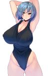  1girl armpits arms_up ass_visible_through_thighs blue_hair breasts cleavage commentary_request covered_nipples curvy groin highres hips huge_breasts light_smile looking_at_viewer masao original red_eyes short_hair simple_background solo swimsuit thick_thighs thighs white_background 