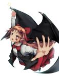  1girl :d bat_wings black_vest black_wings bow collared_shirt dress_shirt elis_(touhou) eyebrows_visible_through_hair foreshortening frilled_skirt frills hair_bow highres holding holding_wand kurowa_(curowa) light_brown_hair long_hair long_sleeves looking_at_viewer open_mouth outstretched_arms outstretched_hand red_bow red_eyes red_skirt shirt skirt smile solo star_(symbol) touhou touhou_(pc-98) vest wand white_background white_shirt wings 