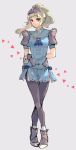  1girl blonde_hair brown_eyes clair_(fire_emblem) closed_mouth dress fire_emblem fire_emblem_echoes:_mou_hitori_no_eiyuuou full_body grey_background helmet highres long_hair nintendo pantyhose ponytail short_dress simple_background solo standing thike_sbm 