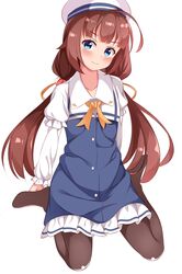  1girl absurdres ahoge bangs black_legwear blue_dress blue_eyes blush brown_hair dress eyebrows_visible_through_hair flat_chest hat highres hinatsuru_ai long_hair long_sleeves looking_at_viewer low_twintails older piki puffy_sleeves ryuuou_no_oshigoto! school_uniform short_over_long_sleeves short_sleeves simple_background sitting smile solo twintails very_long_hair wariza white_background white_hat 