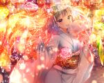  1girl :d blue_eyes blurry bokeh bow depth_of_field double_bun fan flower hair_bow highres itofuya japanese_clothes kimono leti_(teria_saga) long_hair looking_at_viewer open_mouth outdoors paper_fan pink_flower sash silver_hair smile solo standing teria_saga wind_chime 