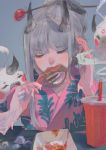  1girl blush chicken_leg closed_eyes commentary dochanhee drinking_pee drinking_straw eating english_commentary eyebrows_visible_through_hair food ghost grey_background grey_hair hair_ornament hair_stick highres holding holding_food horns japanese_clothes kimono pink_kimono simple_background solo 