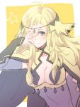 1girl ahoge blonde_hair blue_eyes breasts cape center_opening circlet cleavage closed_mouth fire_emblem fire_emblem_if gloves long_hair medium_breasts nintendo one_eye_closed ophelia_(fire_emblem_if) smile solo zbrk 