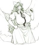  1girl breasts cape clenched_hands collar covered_nipples cowboy_shot eyebrows_visible_through_hair frills gigantic_breasts hair_ribbon hand_on_hip highres hips long_hair looking_at_viewer monochrome open_mouth puffy_nipples reiuji_utsuho ribbon skirt smile space_jin third_eye touhou wings 