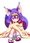  1girl animal_ear_fluff animal_ears bangs blue_hair blush closed_mouth eyebrows hair_between_eyes hairband hatsuse_izuna headband holding_legs japanese_clothes kimono lavender_hair looking_at_viewer no_game_no_life ooya_kouji red_eyes sandals simple_background sitting solo tail tail_raised white_background 