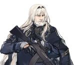  1boy an-94 an-94_(girls_frontline) arm_strap assault_rifle bangs beard black_gloves black_hairband black_jacket black_ribbon blonde_hair blue_eyes closed_mouth commentary facial_hair flipped_hair gas_mask girls_frontline gloves gun hairband holding holding_weapon jacket jacket_on_shoulders kws long_hair long_sleeves looking_to_the_side low_tied_hair mask mask_around_neck mask_removed mustache open_clothes ribbon rifle sidelocks simple_background solo tactical_clothes tied_hair trigger_discipline upper_body weapon white_background 
