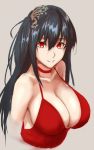  1girl azur_lane bangs bare_shoulders black_hair breasts cleavage collar collarbone commentary_request dress eyebrows_visible_through_hair hair_between_eyes hair_ornament hashimoto_(frog_flag) large_breasts long_hair looking_at_viewer parted_lips red_dress red_eyes sideboob smile solo taihou_(azur_lane) twintails upper_body 