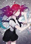  1other ahoge alexandrite_(houseki_no_kuni) androgynous blue_hair crystal_hair eyes_visible_through_hair fighting_stance gem_uniform_(houseki_no_kuni) gradient_hair highres houseki_no_kuni kurono_yuu long_hair looking_at_viewer multicolored_hair necktie red_eyes redhead solo sparkle suspenders sword weapon 