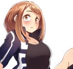  1girl black_shirt blush boku_no_hero_academia breasts brown_eyes brown_hair cleavage coolisushi highres jacket long_hair looking_up medium_breasts open_clothes open_jacket parted_lips shirt short_sleeves simple_background solo upper_body uraraka_ochako white_background 