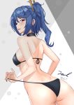  1girl ass back bare_shoulders bikini black_bikini blue_hair blush breasts choker clothes_pin dated dimples_of_venus earrings eyebrows_visible_through_hair from_behind girls_frontline holding_bikini_bottom jewelry k11_(girls_frontline) long_hair looking_at_viewer looking_back messy_hair multiple_earrings open_mouth shoulder_blades side_ponytail sidelocks signature smile solo stud_earrings swimsuit thighs twitter_username unel untied untied_bikini violet_eyes 