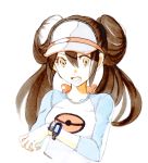  1girl bangs breasts brown_hair canari commentary_request creatures_(company) double_bun game_freak long_hair looking_at_viewer mei_(pokemon) nintendo open_mouth pokemon pokemon_(game) pokemon_bw2 raglan_sleeves simple_background solo upper_body visor visor_cap 