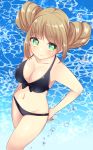  1girl bare_arms bare_shoulders bikini black_bikini blush closed_mouth collarbone commentary_request double_bun from_above front-tie_bikini front-tie_top green_eyes groin light_brown_hair light_smile looking_at_viewer looking_up misaki_(misaki86) navel original side_bun sidelocks solo standing swimsuit water 