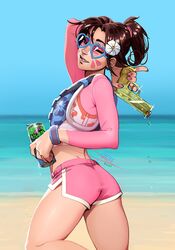  1girl ;) alternate_costume alternate_hairstyle ass beach blue-framed_eyewear bracelet brown_hair can crop_top d.va_(overwatch) day flat_ass flower from_side hair_flower hair_ornament hair_scrunchie heart heart-shaped_eyewear high_ponytail jewelry mike_nesbitt nail_polish ocean one_eye_closed overwatch pink pink_nails pink_shorts pinky_out running scrunchie short_shorts shorts smile soda_can solo sunglasses water_gun waveracer_d.va whisker_markings 