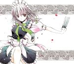  bow braid hair_bow hair_ribbon izayoi_sakuya knife maid maid_headdress moonsorrow pink_hair red_eyes ribbon short_hair touhou traditional_media twin_braids 