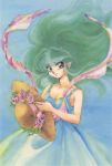  80&#039;s dress eyeshadow flower green_hair hat horns long_hair lum nakajima_atsuko official_art oldschool pointy_ears straw_hat takahashi_rumiko urusei_yatsura 