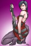  black_hair capcom dress feet fingerless_gloves gloves gun pantyhose red_dress resident_evil resident_evil_4 short_hair take_(artist) take_(draghignazzo) weapon 