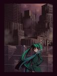  breath chainlink_fence cityscape coat fence green_eyes green_hair hands_in_pockets hatsune_miku long_hair night scarf scenery torigoe_takumi twintails vocaloid 