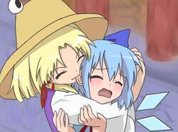  bite blonde_hair blue_hair cirno ear moriya_suwako parody suzumiya_haruhi_no_yuuutsu touhou 