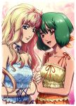  bare_shoulders blue_eyes green_hair highres long_hair macross macross_frontier marufuji_hirotaka ranka_lee red_eyes scan sheryl_nome short_hair 