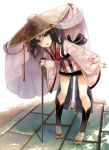  1girl black_hair bow cane fang hat japanese_clothes leaning_forward long_hair open_mouth original red_eyes rice_hat sandals shade solo standing tabi tassel veil yuuki_rika 