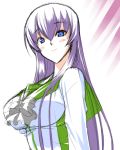  blue_eyes blush breasts busujima_saeko highschool_of_the_dead large_breasts purple_hair school_uniform smile 