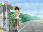  bare_shoulders bicycle blue_eyes brown_hair bus_stop hat idolmaster kikuchi_makoto maachin road sandals smile straw_hat 