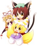  animal_ears bad_id blonde_hair brown_hair cat_ears cat_tail chen chibi earrings food fox_ears fox_tail gap hat heart jewelry kiri_futoshi long_hair petting ribbon ribbons short_hair tail tofu touhou yakumo_ran yakumo_yukari 