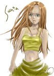 arc_the_lad_ii bare_shoulders brown_hair green_eyes long_hair mame_(artist) midriff sania simple_background solo tank_top 