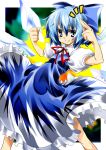  blue_eyes blue_hair blush bow cirno clenched_hand delusion_overdose dress fingernails flat_chest frills grin hair_bow long_fingernails matsuno_canel pointing ribbon ribbons short_hair smile solo standing touhou wings 