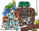  bolt bucket generator hair_bobbles hair_ornament kawashiro_nitori kettle kisume pulley tools touhou welding_mask wrench 