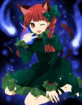  bad_id bow braid cat_ears cat_tail dress fang hair_bow hair_ribbon hitodama kaenbyou_rin matyinging multiple_tails red_eyes red_hair redhead ribbon ribbons sitting tail touhou twin_braids twintails wariza wink 