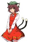  bow bowtie brown_hair cat_ears cat_tail chen dress hat hiromasa multiple_tails orange_eyes ribbon short_hair simple_background solo tail tears touhou v_arms 