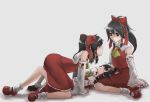  clone detached_sleeves hair_ribbon hakurei_reimu ituka japanese_clothes lap_pillow mary_janes miko multiple_girls ribbon ribbons shoes socks time_paradox touhou yuri 