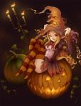  candle chain chains hat highres long_hair original pointy_ears pumpkin red_eyes sitting striped striped_legwear striped_thighhighs thigh-highs thighhighs toshi 