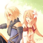  1girl blonde_hair brown_hair couple daybreak emil_castagnier flower long_hair lowres marta_lualdi red_eyes scarf smile tales_of_(series) tales_of_symphonia tales_of_symphonia_knight_of_ratatosk 