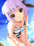  ayane ayane_(doa) beach bent_over breasts cleavage cloud clouds dead_or_alive ef_double foreshortening headband leaning_forward legs mikazuki_akira! one-piece one-piece_swimsuit purple_hair red_eyes ribbon short_hair smile striped striped_swimsuit swimsuit water 