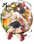  black_hair bobby_socks calligraphy_brush circle closed_fan fan folding_fan geta hat highres kippu kneeling looking_at_viewer looking_back mouth_hold paintbrush red_eyes shameimaru_aya short_hair socks tengu-geta tokin_hat touhou 