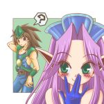  1girl angela blue_eyes blush brown_hair couple duran gloves green_eyes imahia pointy_ears purple_hair saihia seiken_densetsu seiken_densetsu_3 