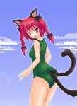  bow braid cat_ears cat_tail fangs hair_ribbon kaenbyou_rin multiple_tails one-piece one-piece_swimsuit red_eyes red_hair redhead ribbon sumapan swimsuit tail touhou twin_braids twintails 