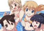  4girls beach bikini blonde_hair blue_eyes blue_hair blush breast_grab breasts brown_eyes brown_hair double_bun double_buns hirose_(mokiki) hyakko iizuka_tatsuki innertube kageyama_torako multiple_girls nonomura_ayumi saotome_suzume swimsuit 