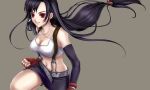  1girl bad_id belt black_hair breasts cleavage clenched_hand closed_mouth earrings elbow_gloves female final_fantasy final_fantasy_vii fingerless_gloves fist gloves jewelry long_hair low-tied_long_hair mai_(pixiv282116) midriff miniskirt navel one_leg_raised ouka_mai red_eyes simple_background skirt sleeveless solo suspender_skirt suspenders tifa_lockhart 