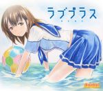  bad_id ball beachball bent_over brown_eyes brown_hair looking_back love_plus mayo_riyo mole school_uniform serafuku skirt smile solo traditional_media water wet wet_clothes 